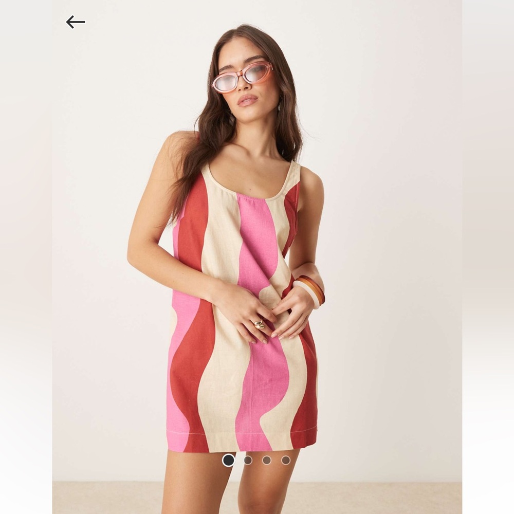 ASOS Design Linen Dress Scoop Neck Red Pink Squiggles Mini Size 2